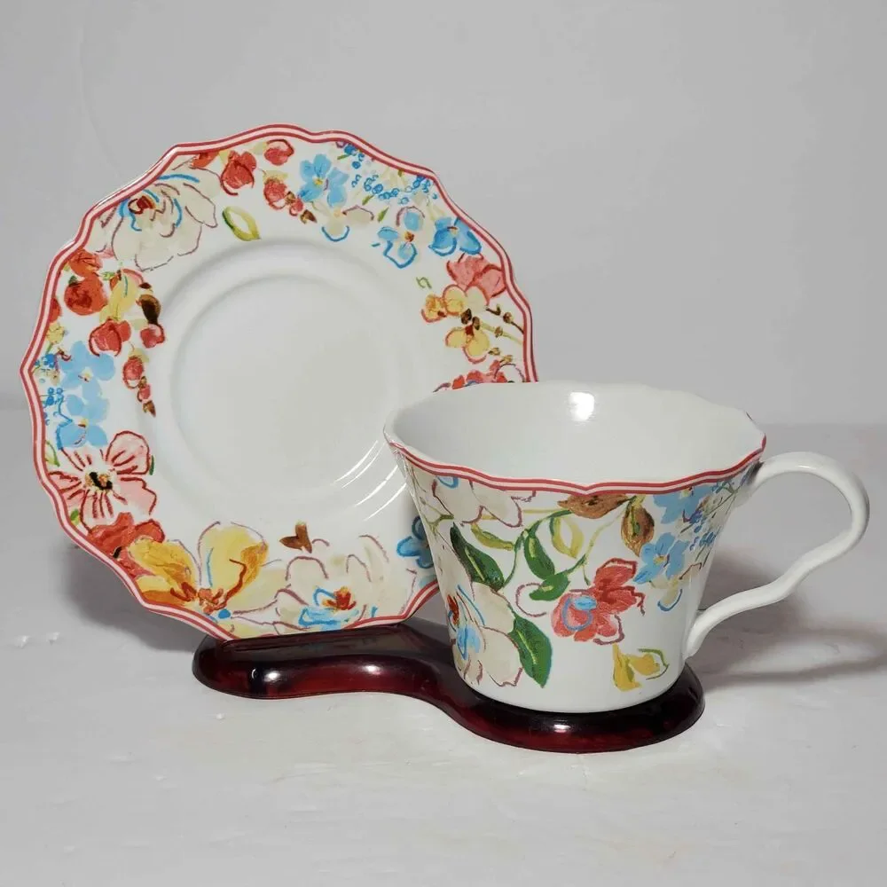 222 Fifth Teacup and Saucer Orange and Blue Flowers